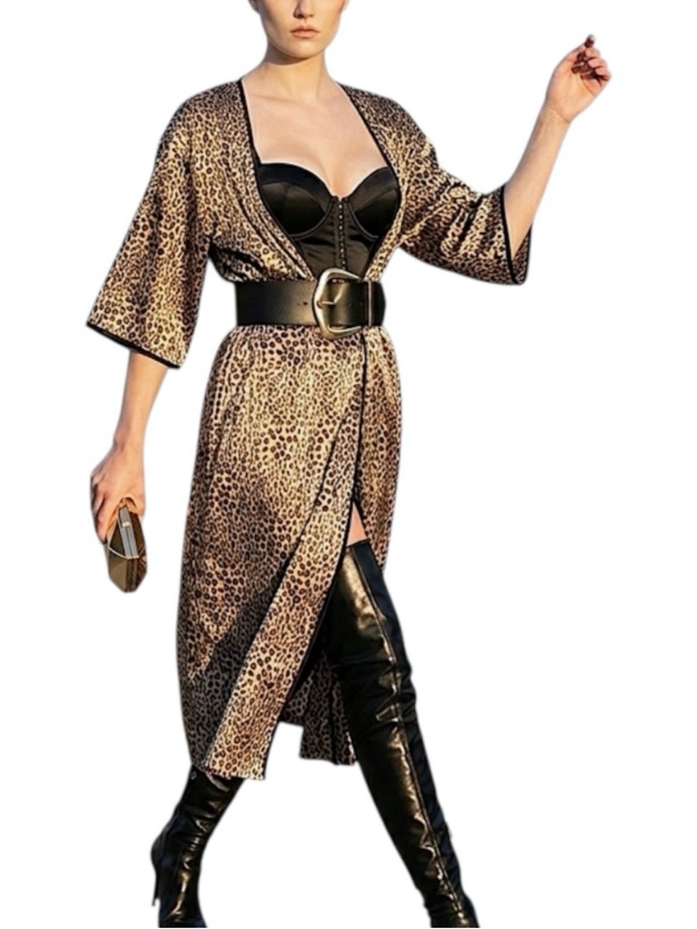 Vintage 90s Natori leopard animal print half sleeve satin robe duster kimono M